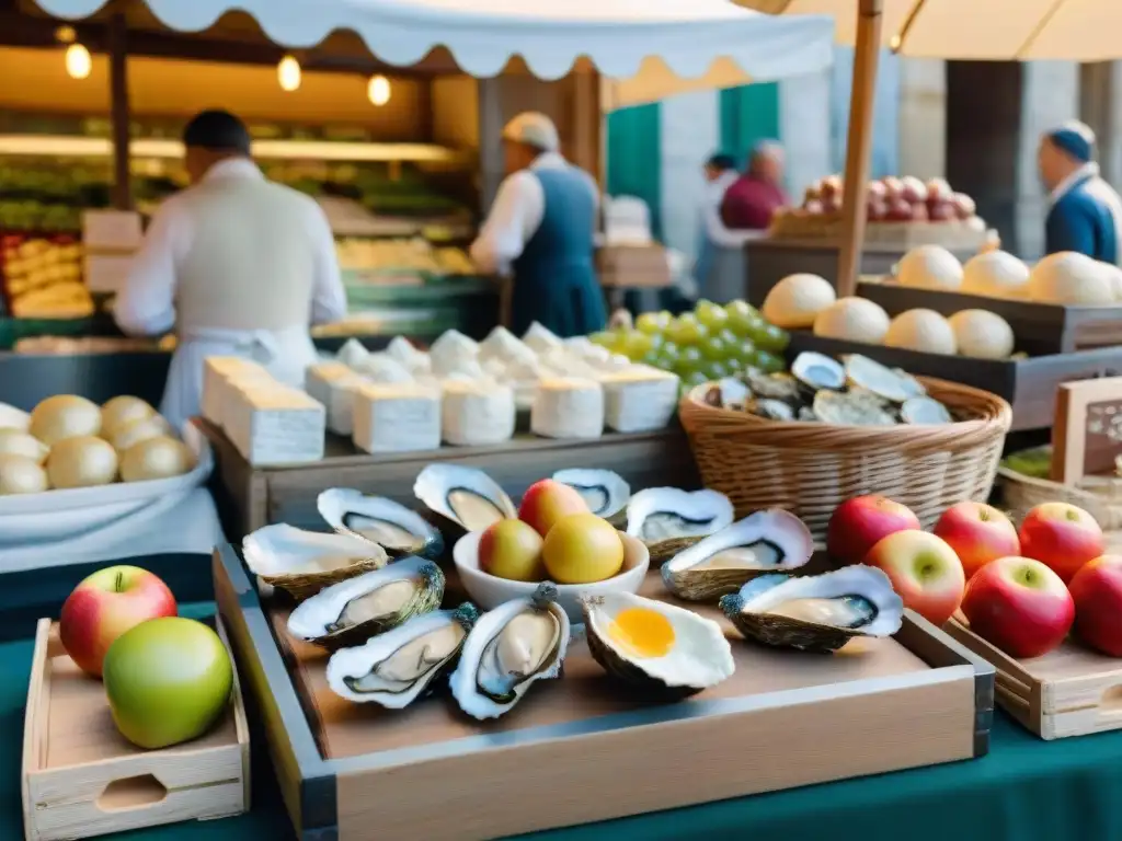 Mercado francés en Normandía con productos regionales tradicionales, evocando la gastronomía francesa recetas tradicionales