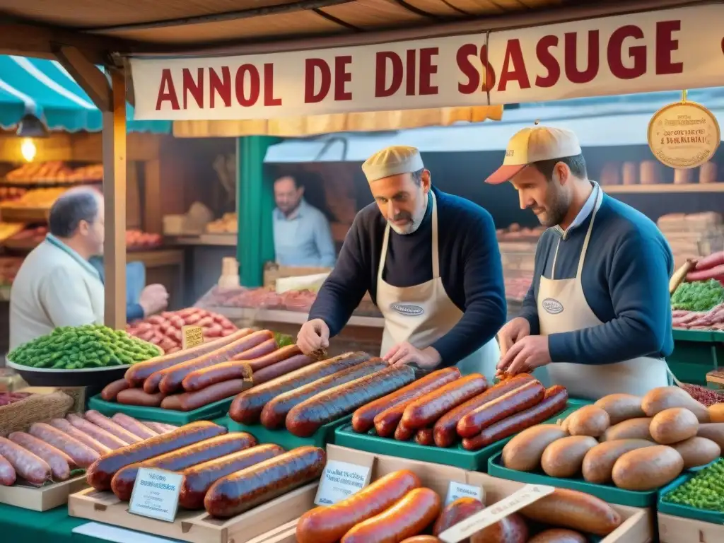 Mercado francés en Normandía con puestos de Andouille de Vire