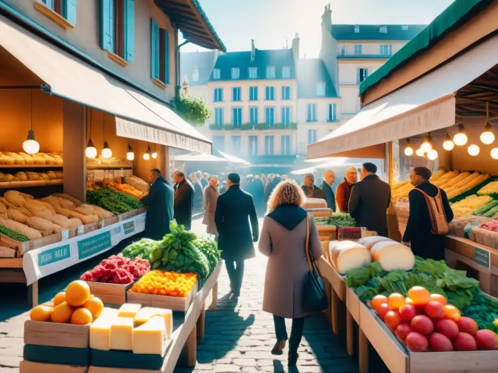 Un mercado francés con productos ecofriendly y diversidad, reflejando la influencia francesa en la reducción del plástico