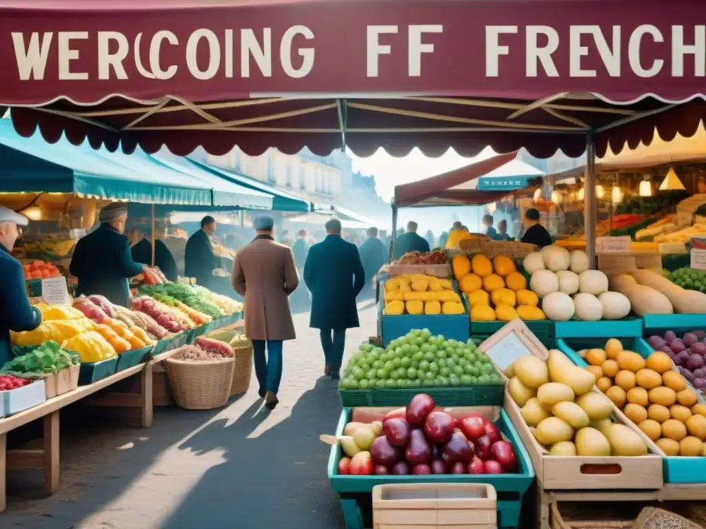 Mercado francés con productos frescos y coloridos, reflejo de la Dieta Francesa equilibrada y saludable