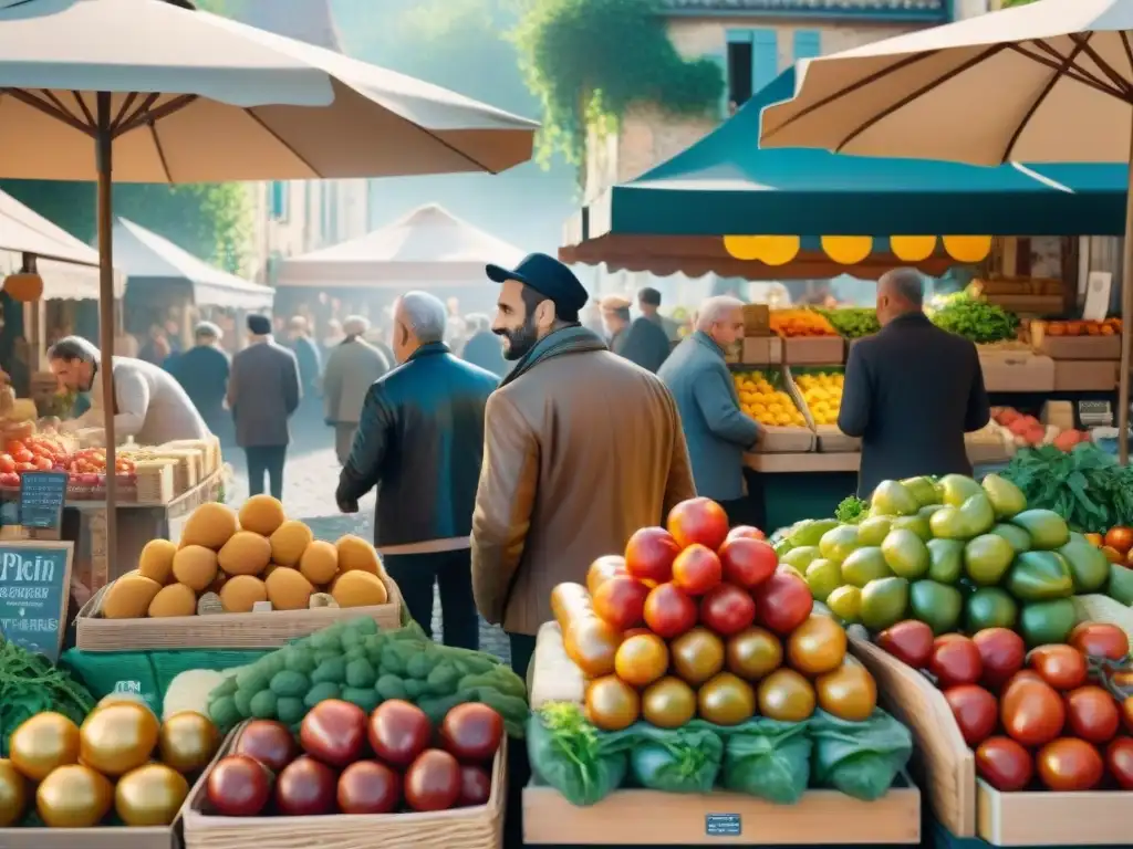 Mercado francés con productos frescos y coloridos bajo la luz dorada, fomentando la dieta mediterránea francesa peso saludable