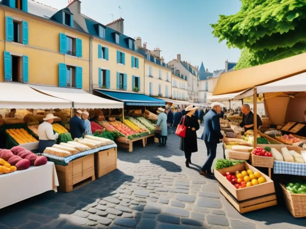 Mercado francés con productos frescos, quesos artesanales y baguettes tradicionales en un pueblo encantador