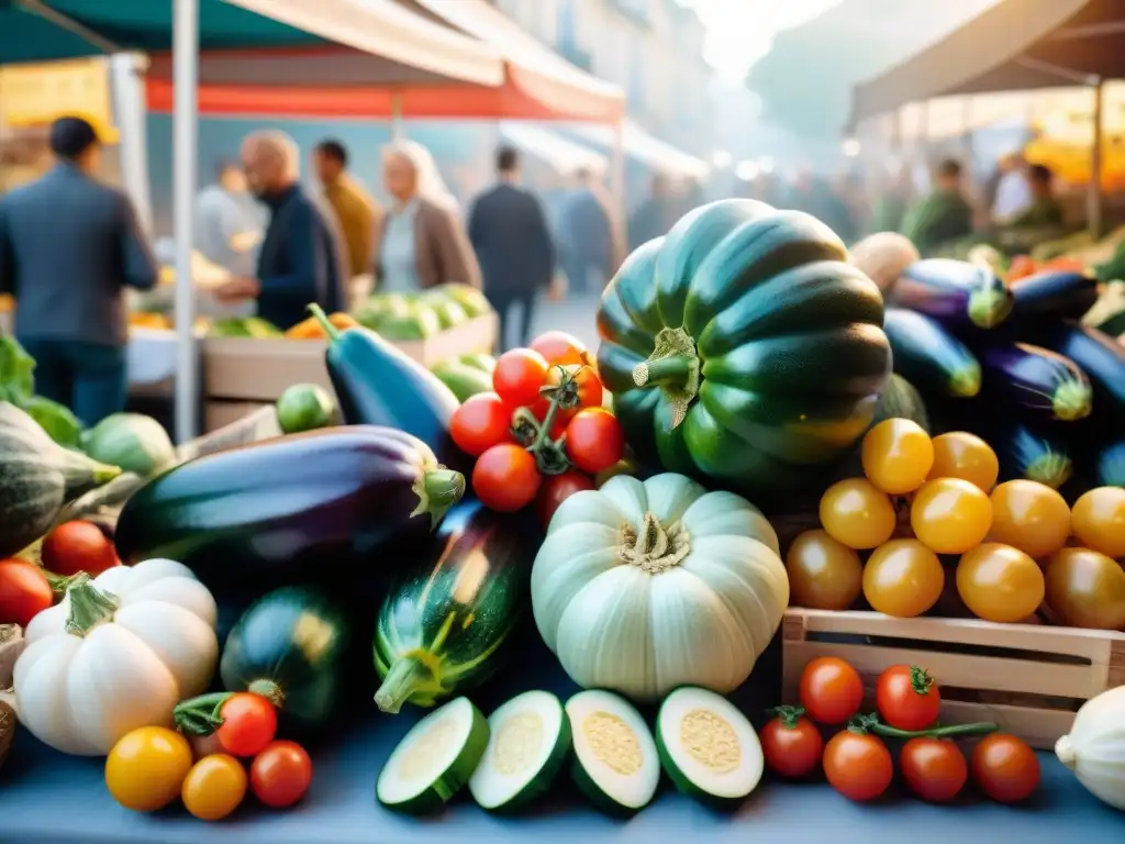 Mercado francés con productos frescos y coloridos, reflejando la esencia de los deliciosos platos vegetarianos franceses