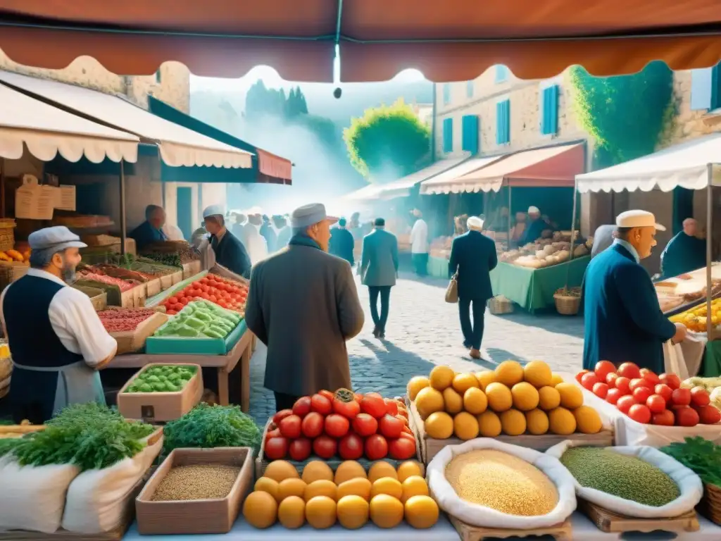 Un mercado francés en Provenza: coloridos tomates, baguettes, quesos y especias