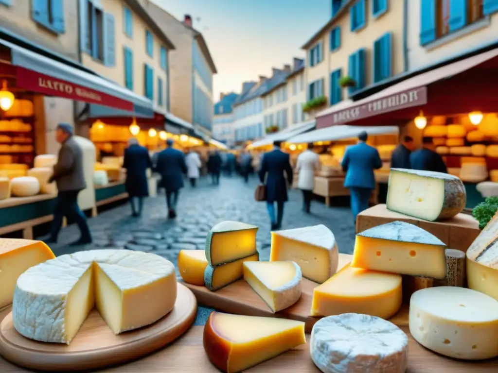 Un mercado francés de quesos bajos en lactosa: vendedores, clientes y ruedas de queso en coloridas paradas de madera