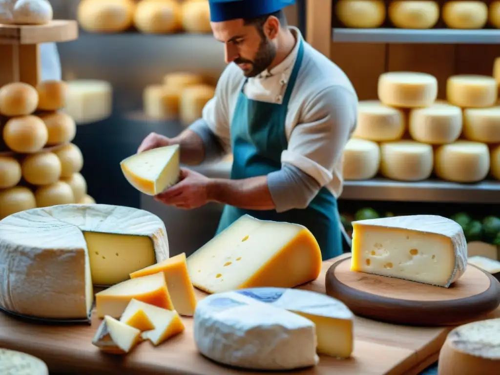 Un mercado francés de quesos bullicioso, con clientes probando quesos variados y un vendedor cortando camembert