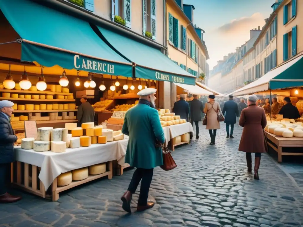 Mercado francés de quesos especializados con variedad de quesos artesanales, vendedores y clientes en un ambiente tradicional y acogedor