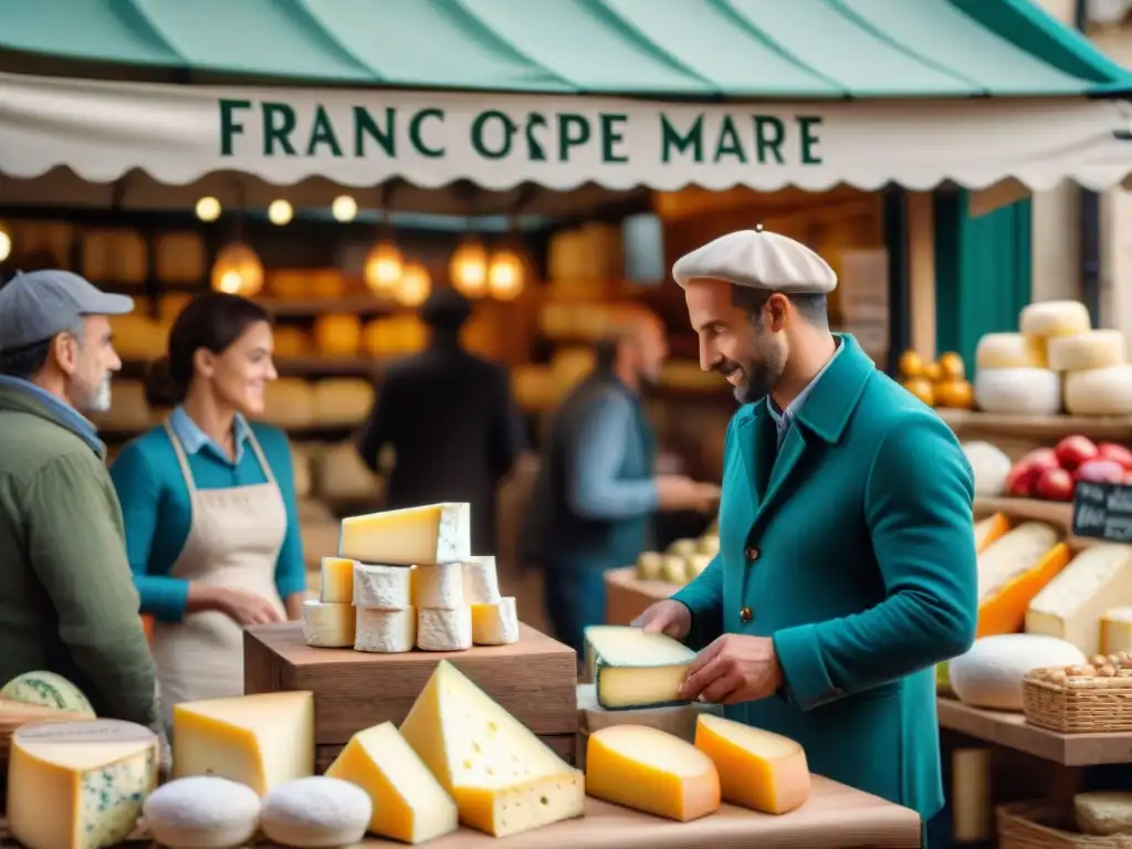 Mercado francés con quesos variados en exposición, vendedores y clientes interactuando