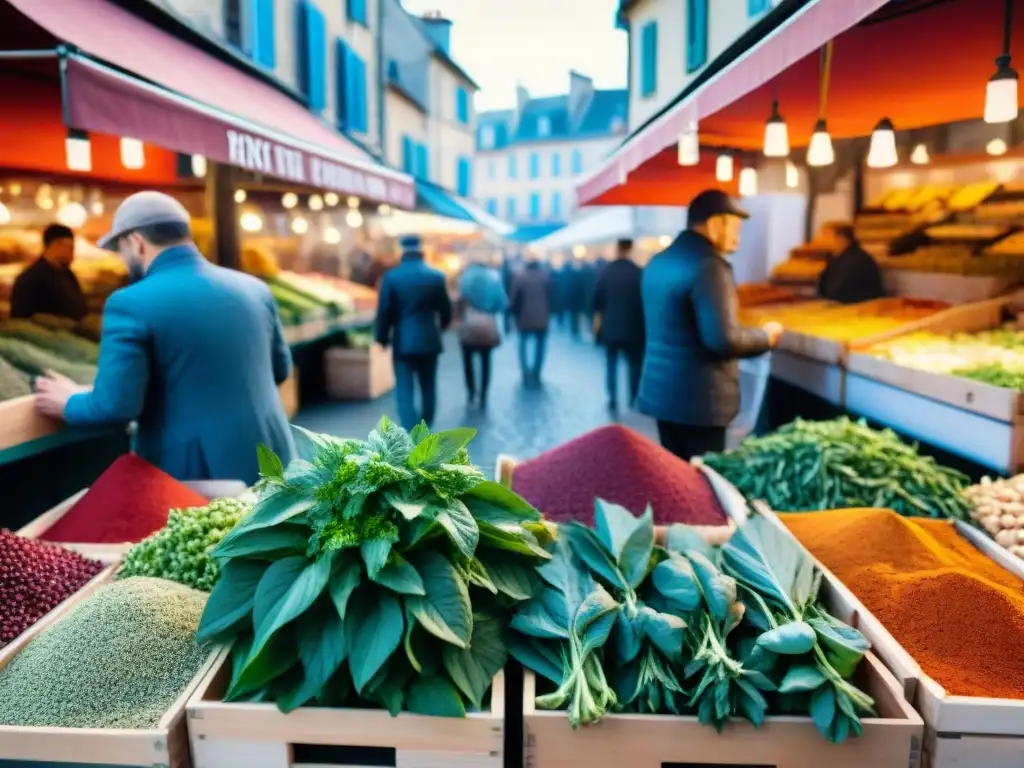 Mercado francés rebosante de aromas y colores, mostrando la vida cotidiana y los sabores locales