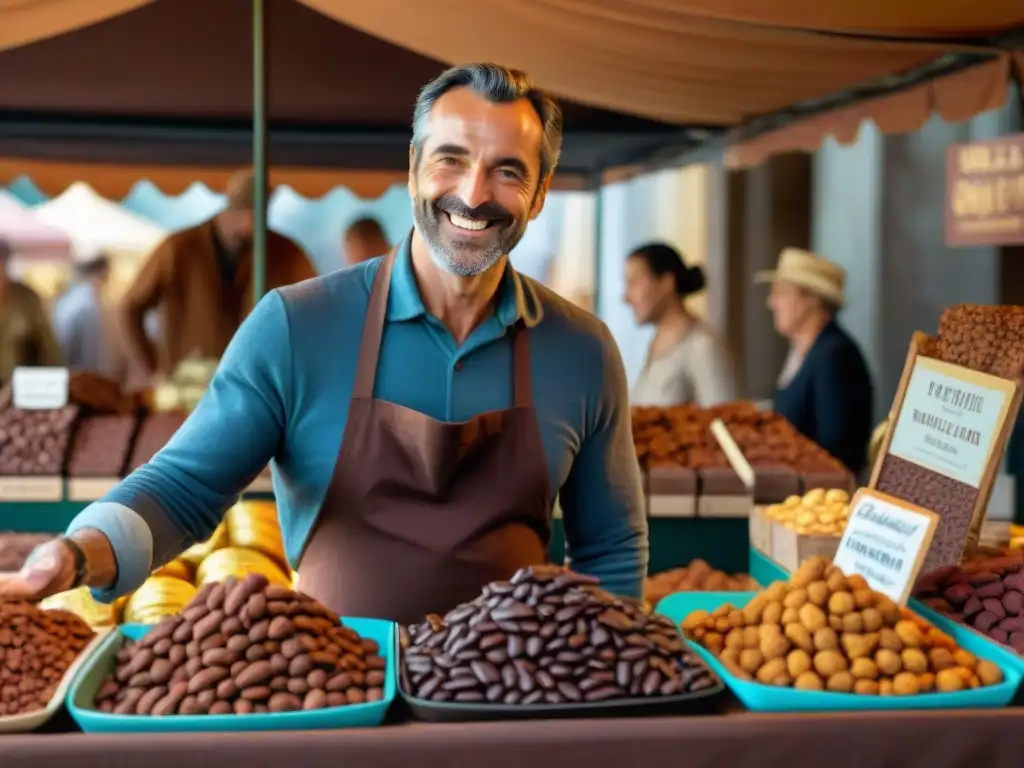 Un mercado francés rebosante de cacao de calidad en tonos marrones y chocolate oscuro, con un artesano apasionado explicando a clientes interesados