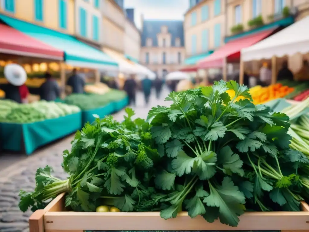 Puesto de mercado francés rebosante de cilantro fresco, con locales y turistas