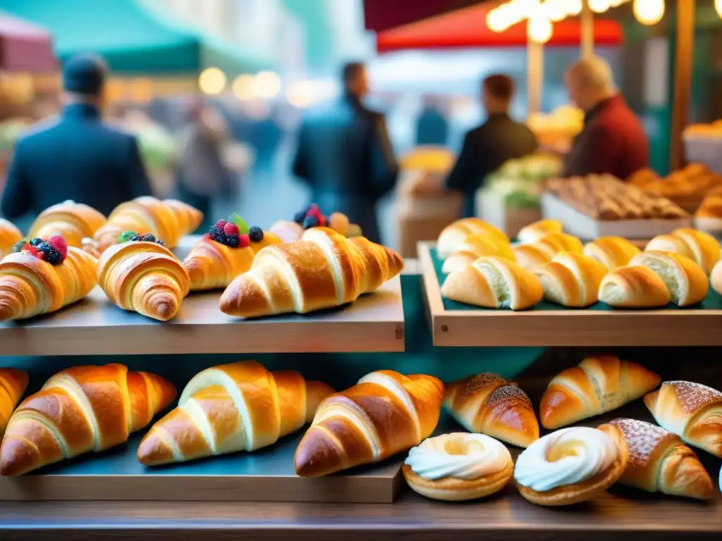 Un mercado francés rebosante de delicias: croissants, éclairs y más en coloridos puestos de madera