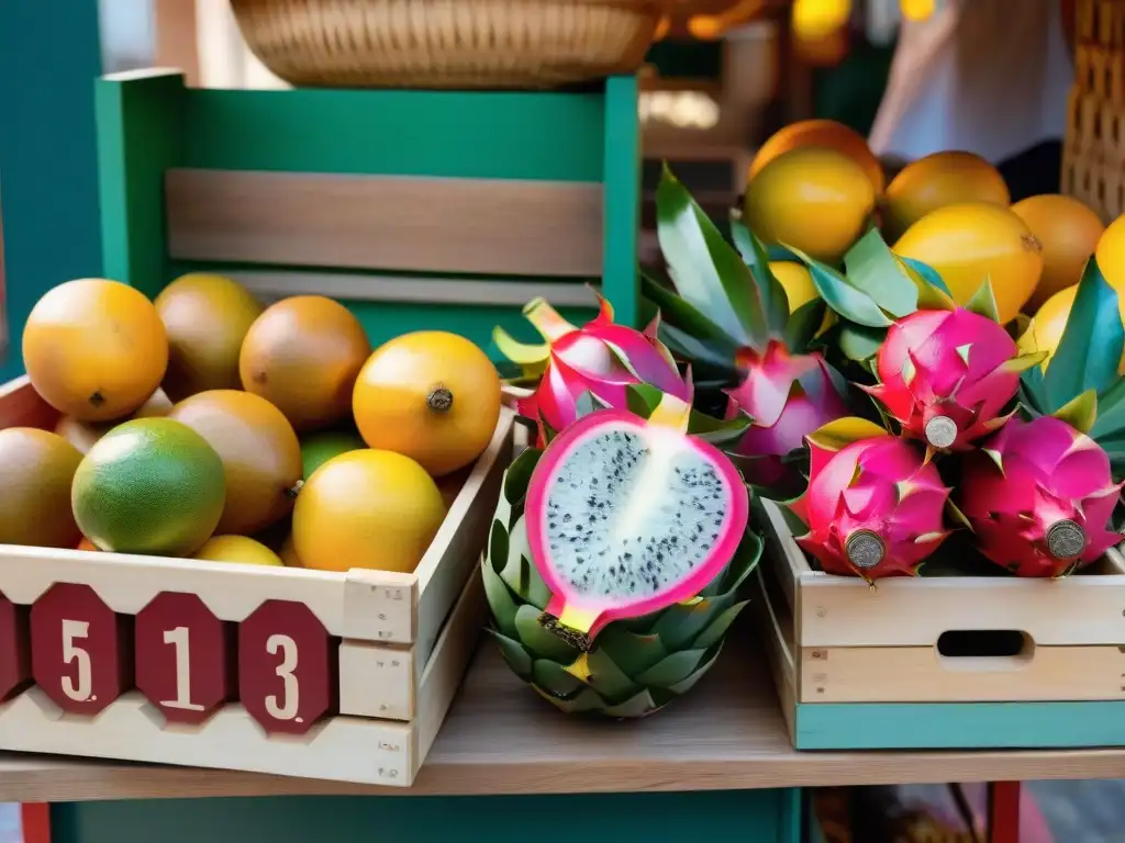 Un mercado francés rebosante de frutas exóticas como pitahaya, maracuyá, lichi y carambola