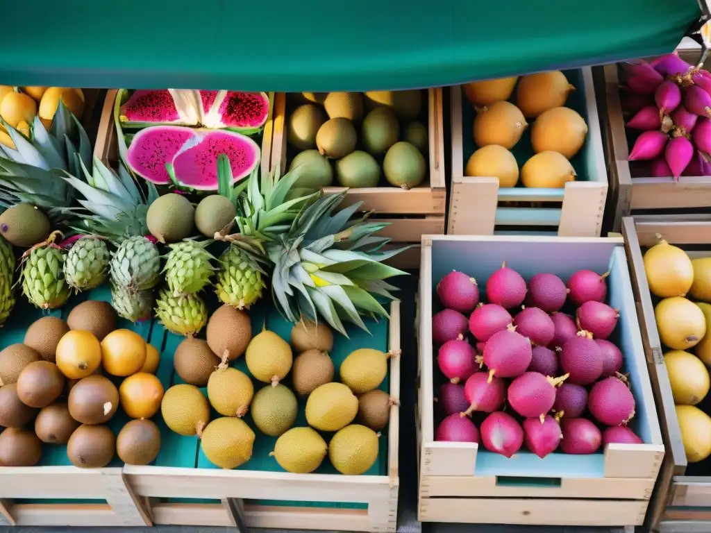 Un mercado francés rebosante de frutas exóticas como pitahaya, lichi, maracuyá y durián