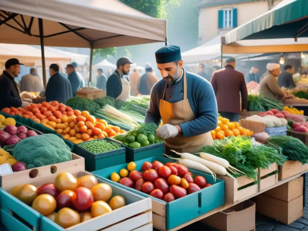 Un mercado francés rebosante de productos frescos y coloridos, donde se fusiona la innovación y tradición de la cocina francesa vegetariana