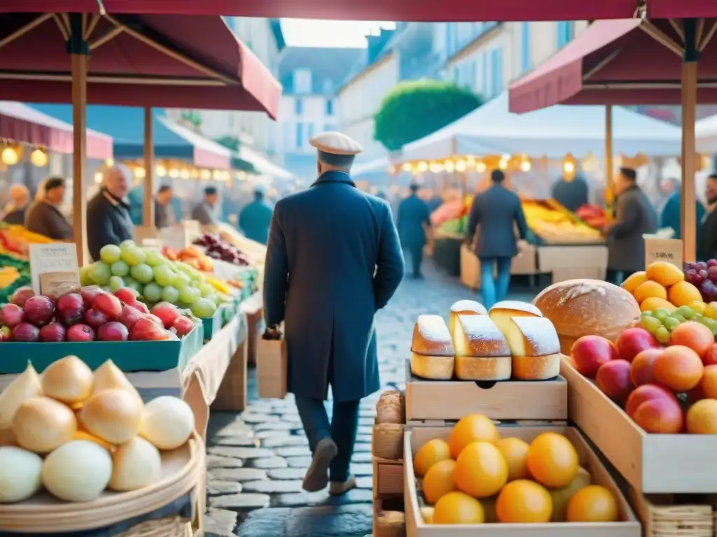 Un mercado francés rebosante de vida, con puestos de comida y arte coloridos