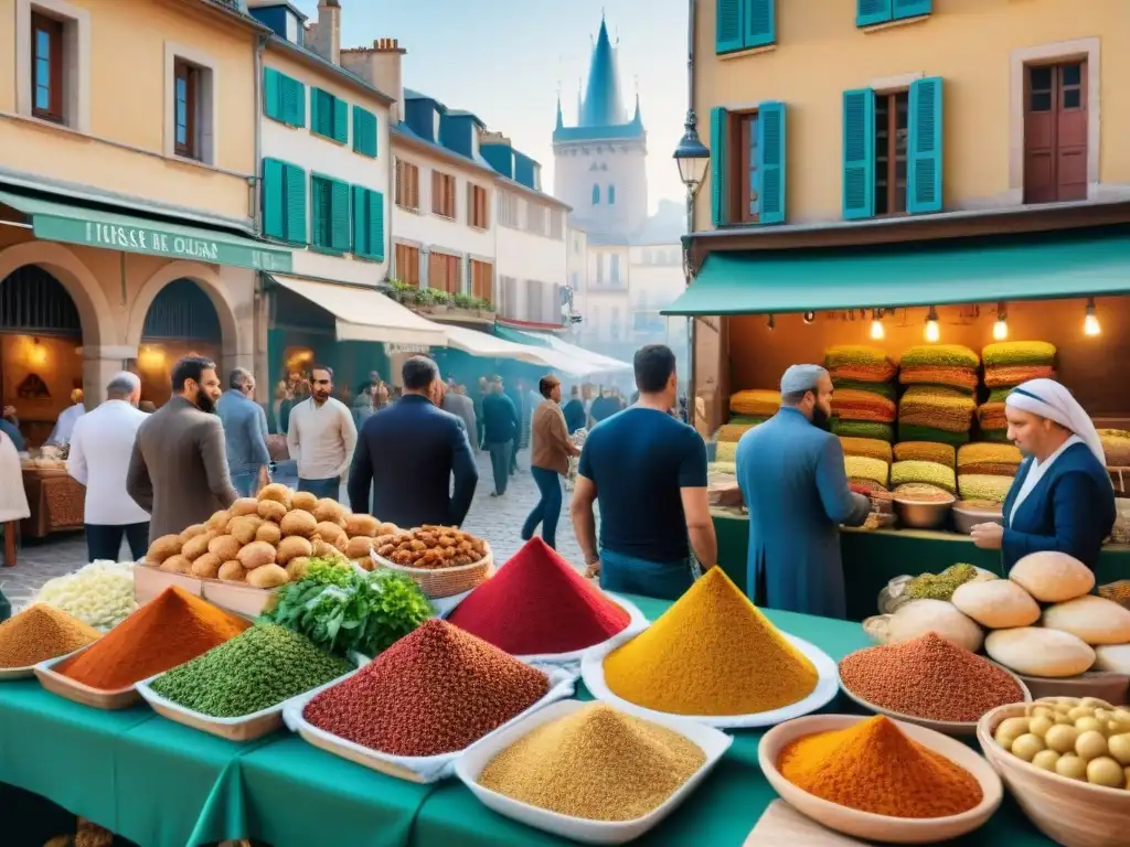 Un mercado francés rebosante de vida y color con platos árabes, fusionando culturas en una plaza histórica