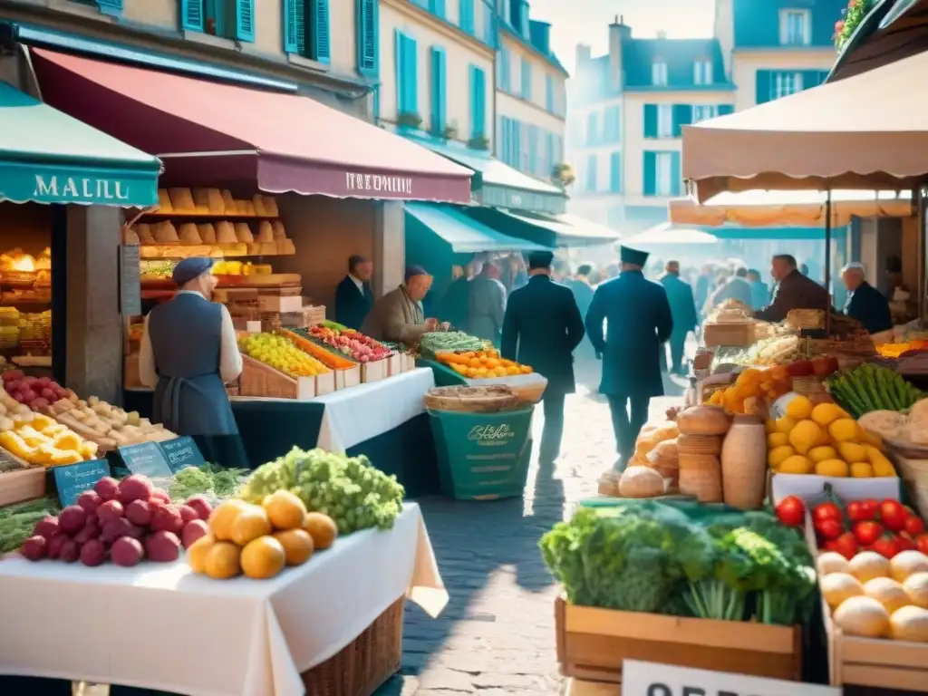 Un mercado francés rebosante de vida: frutas, flores, quesos y baguettes bajo el cálido sol