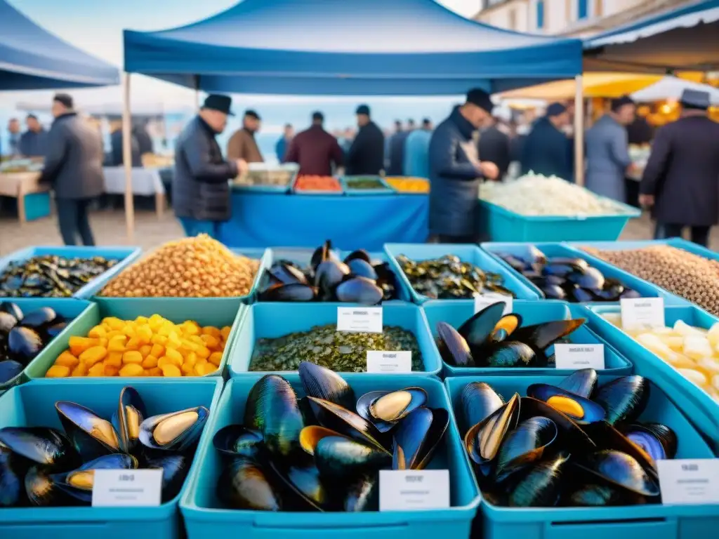 Puesto de mercado francés con receta tradicional moules crème normande