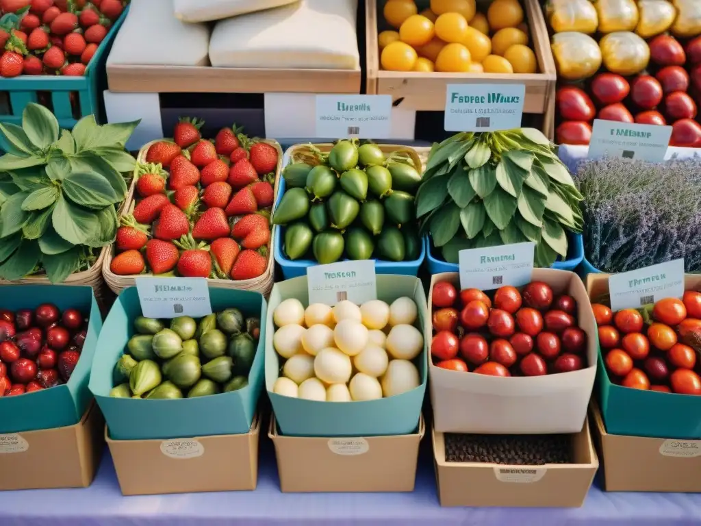 Un mercado francés rústico en un día soleado, con frutas, verduras, queso y locales vestidos tradicionalmente