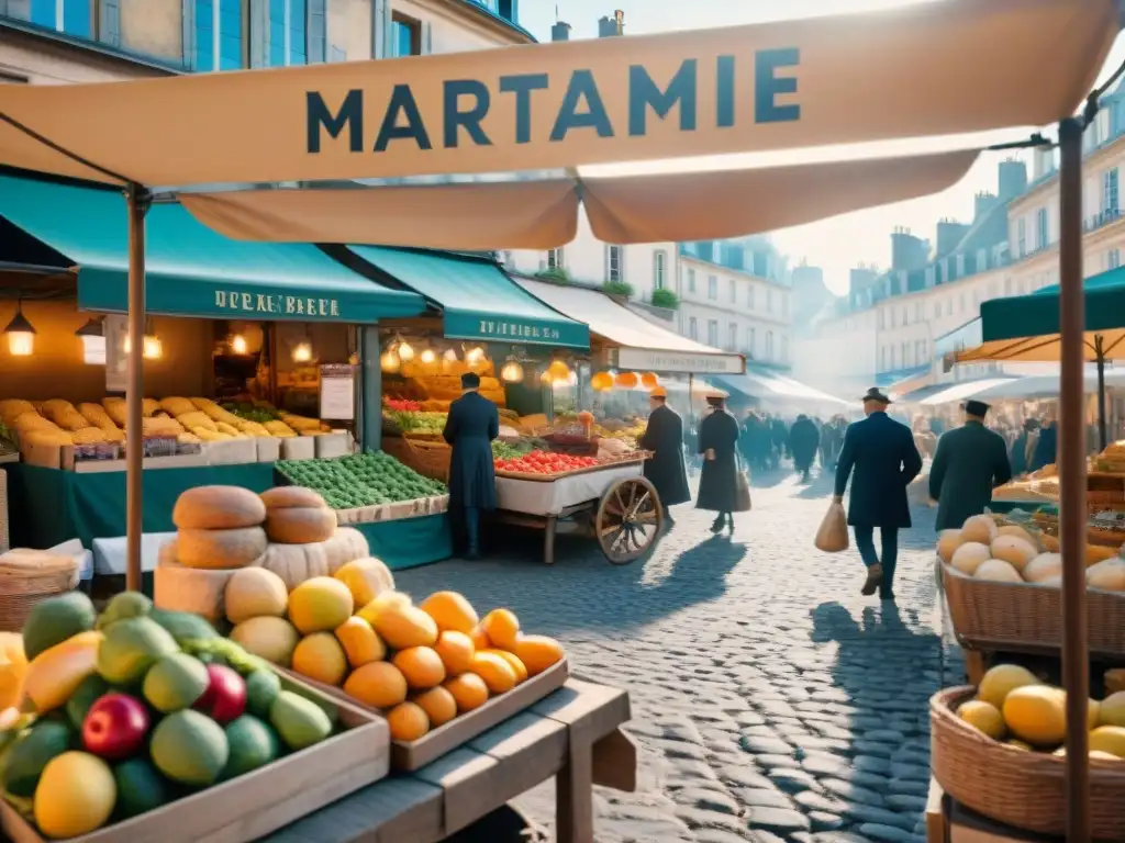 Mercado francés del siglo XIX con vendedores y productos coloridos, reflejando la gastronomía de la época