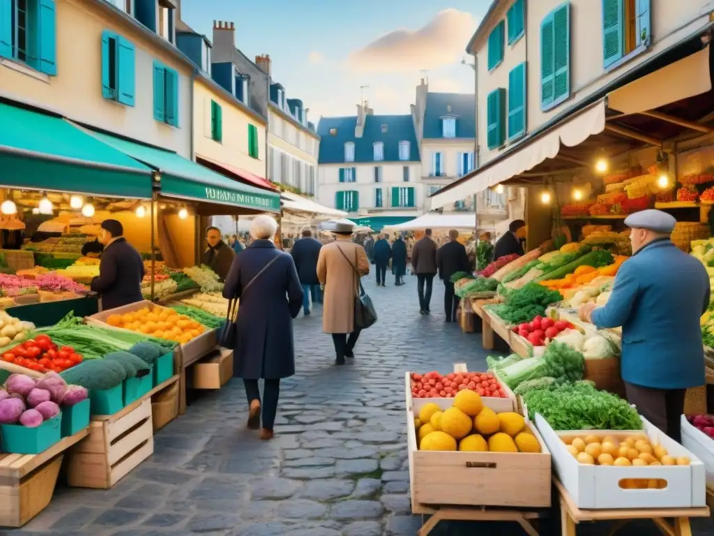 Un mercado francés sostenible sin carne rebosante de vida y color, con clientes y vendedores interactuando en un ambiente vibrante y acogedor