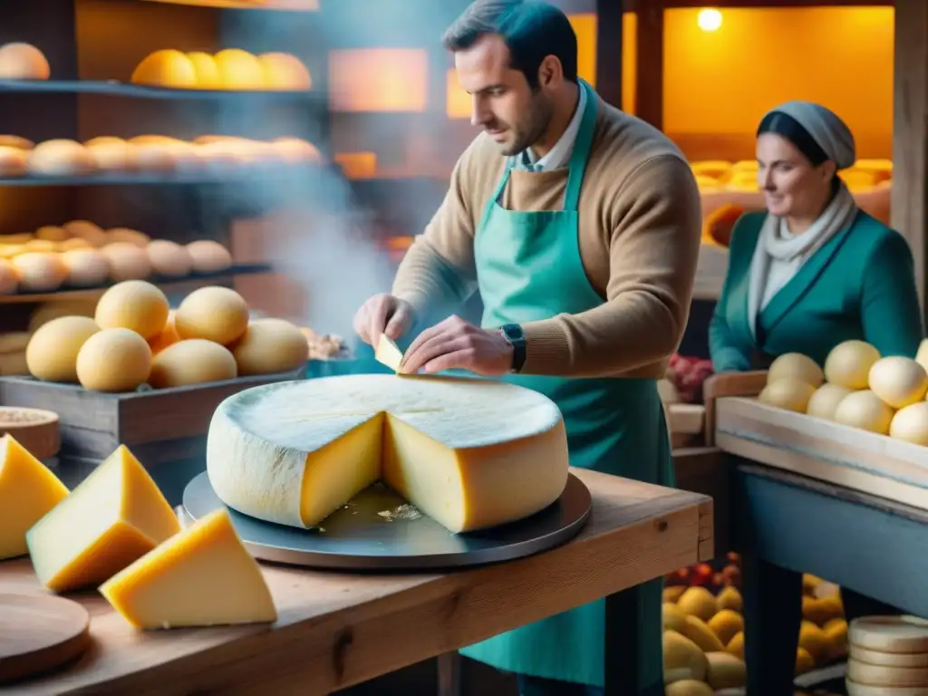 Un mercado francés tradicional bullicioso, con un maestro quesero cortando queso Raclette