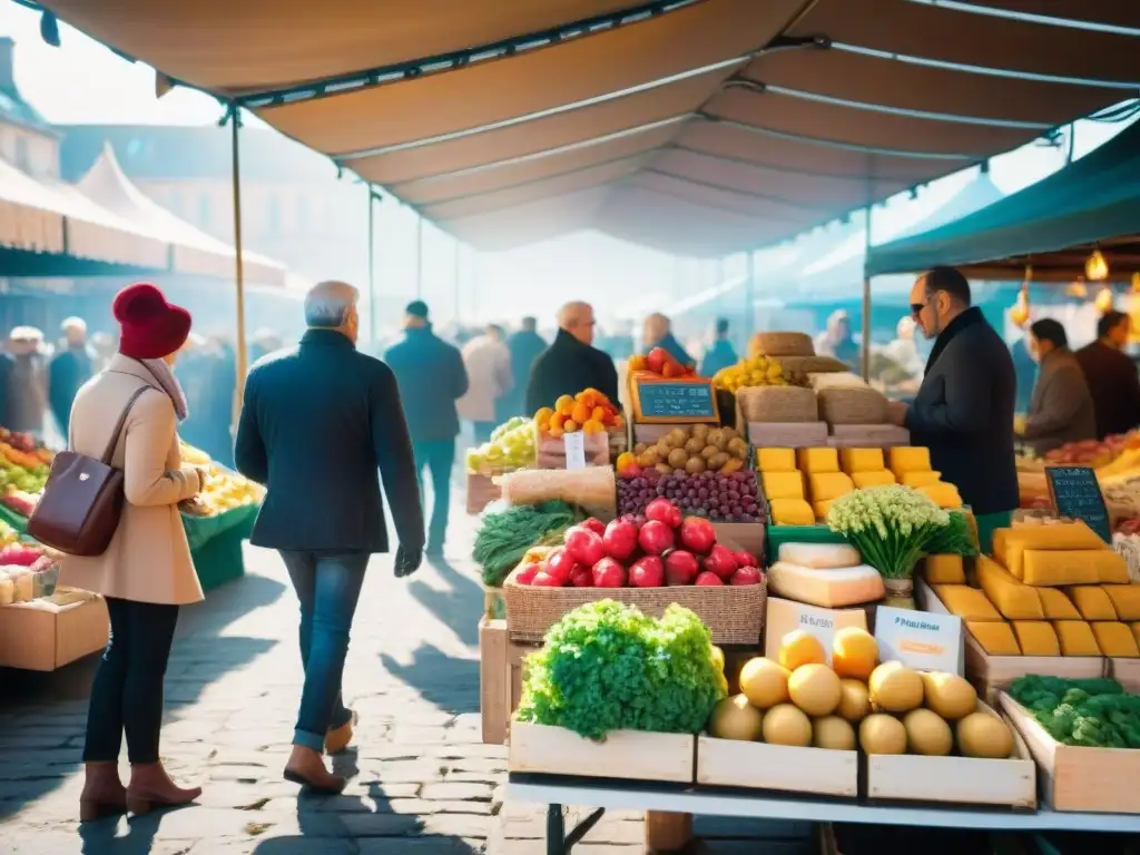 Un mercado francés tradicional bullicioso, lleno de puestos vibrantes rebosantes de frutas, verduras, quesos, pan y flores coloridos