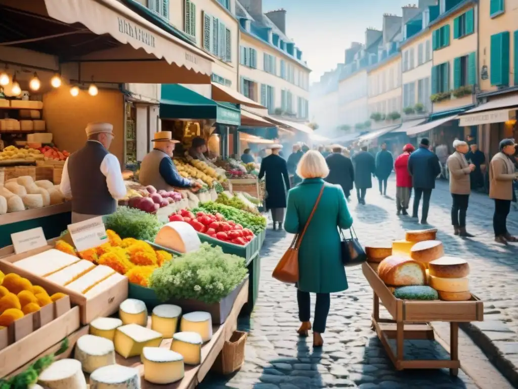 Mercado francés tradicional lleno de color y sabores, donde locales y turistas disfrutan de la gastronomía francesa