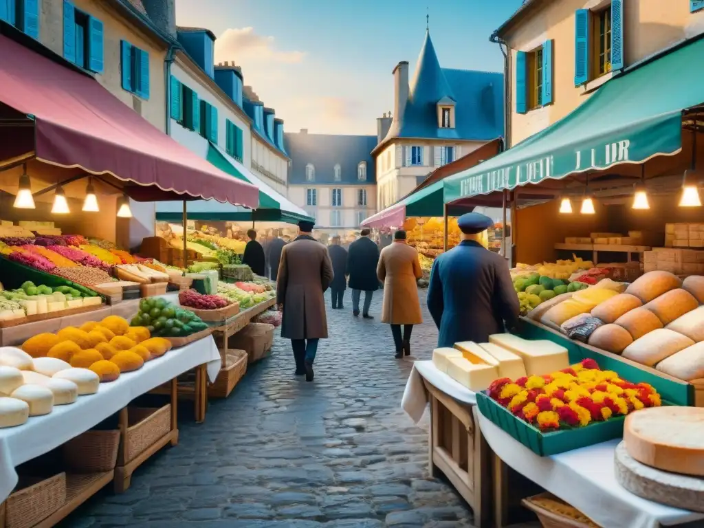 Un mercado francés tradicional en la mañana, con productos frescos y coloridos