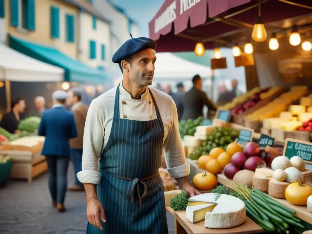 Un mercado francés tradicional en la mañana con ingredientes locales en gastronomía francesa