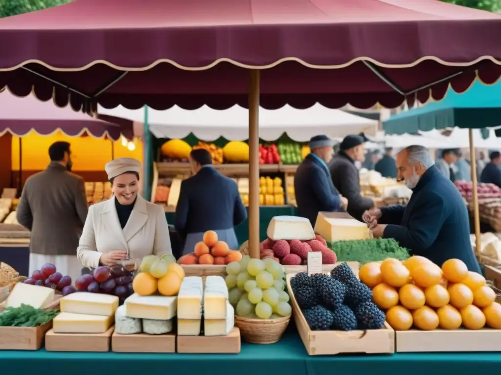 Un mercado francés tradicional rebosante de vida, con productos vibrantes, quesos artesanales y vinos locales bajo coloridos toldos