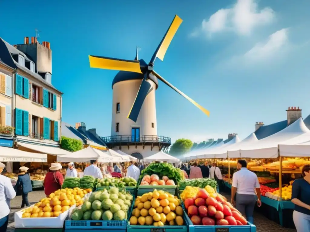 Un mercado francés tradicional rebosante de vida y color, fusionando gastronomía sostenible con energía verde