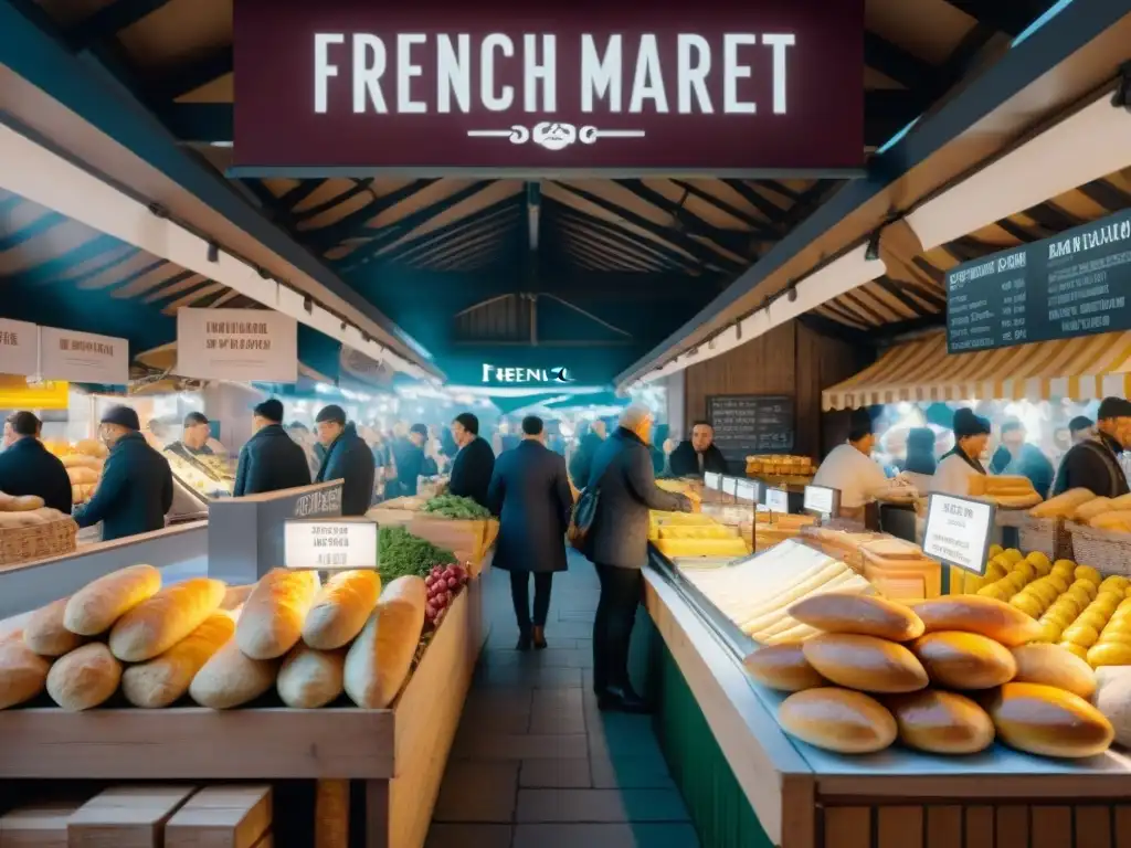 Un mercado francés tradicional rebosante de vida y color, fusionando gastronomía francesa con aplicaciones de realidad aumentada