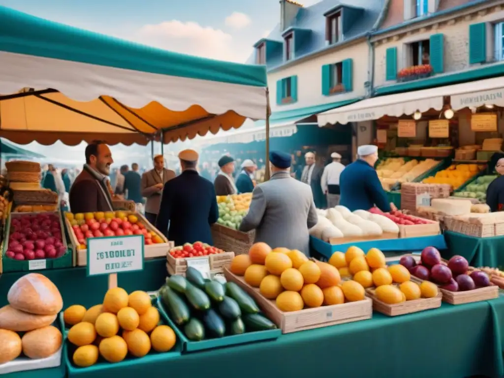 Un mercado francés tradicional rebosante de vida, con puestos de frutas, verduras y quesos coloridos, y pan recién horneado