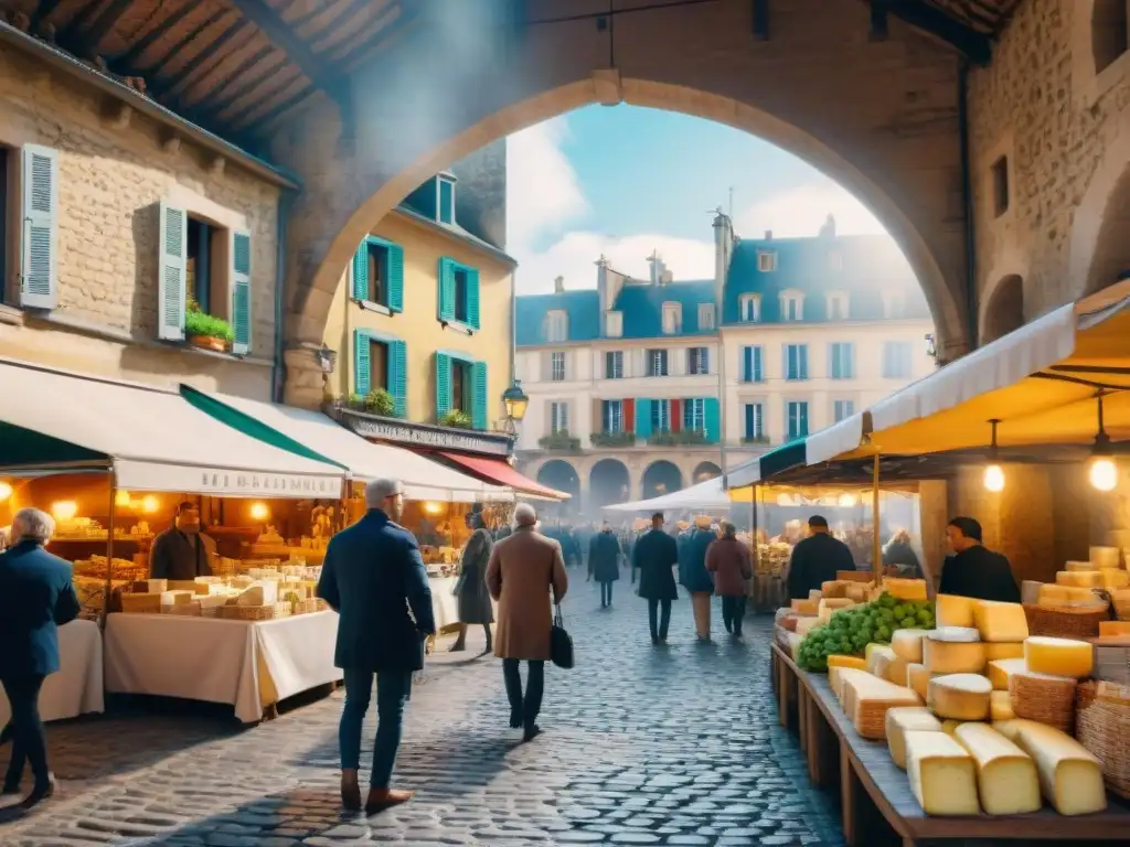 Un mercado francés tradicional rebosante de vida, con puestos de quesos, vinos, baguettes y frutas