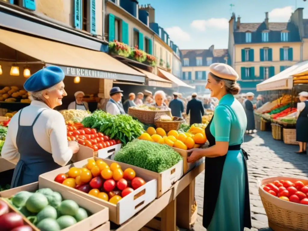 Un mercado francés tradicional rebosante de colores y sabores, con productos frescos y locales bajo la cálida luz dorada