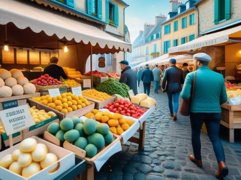 Un mercado francés tradicional rebosante de vida y color, con puestos de comida fresca y productos artesanales