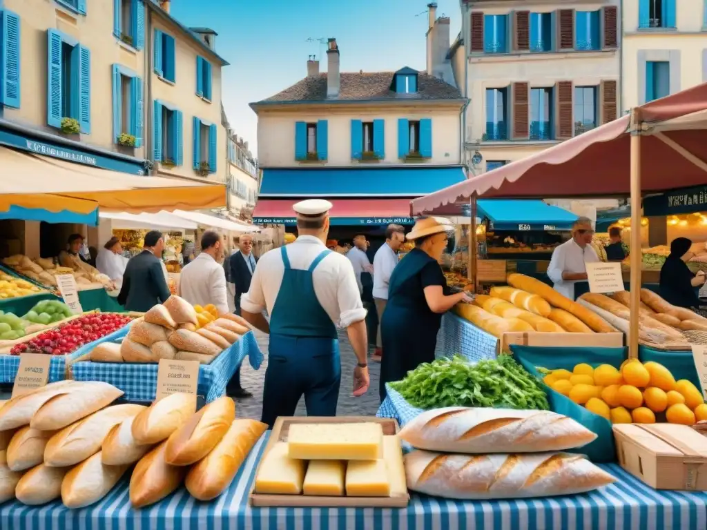 Un mercado francés tradicional rebosante de vida y color, con vendedores, baguettes, frutas, quesos locales y gente disfrutando de un día soleado