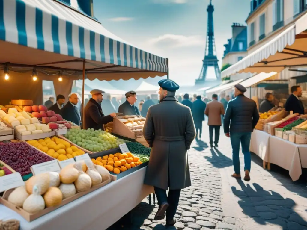 Un mercado francés tradicional rebosante de vida, colores y sabores, con la Torre Eiffel de fondo