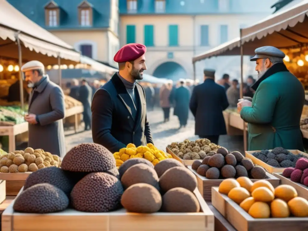 Mercado francés con trufas negras en vibrante escena gastronómica, clientes y vendedores en animada interacción