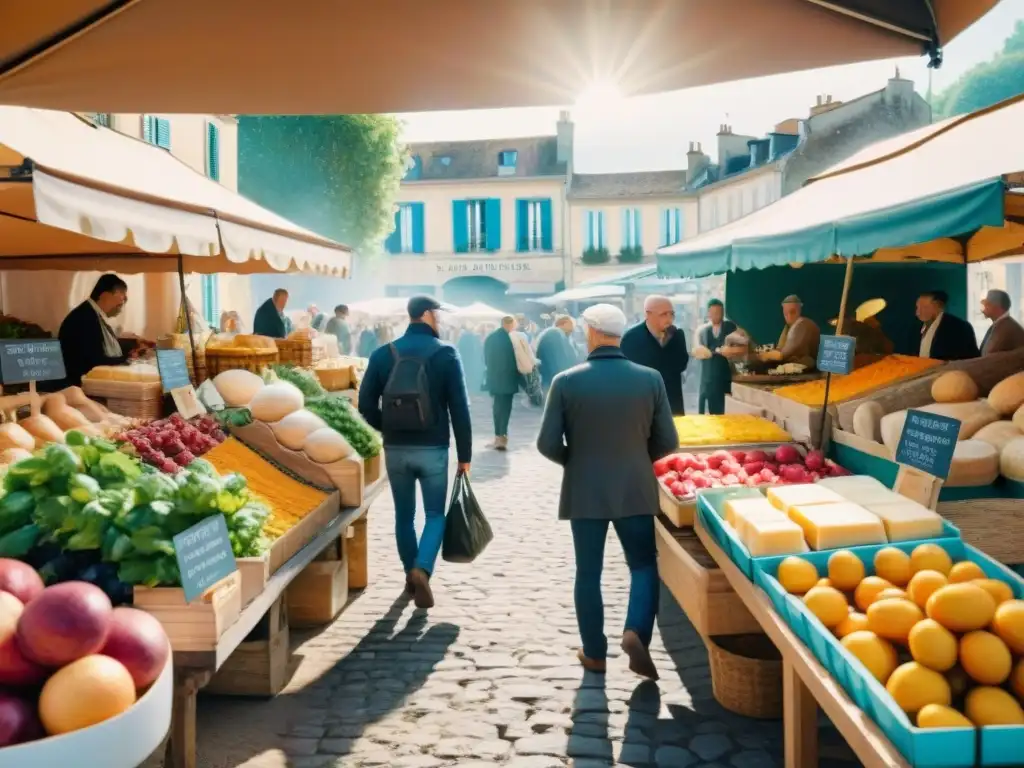 Un mercado francés vibrante con agricultores apasionados, productos frescos y paneles artesanales, iluminado por el sol