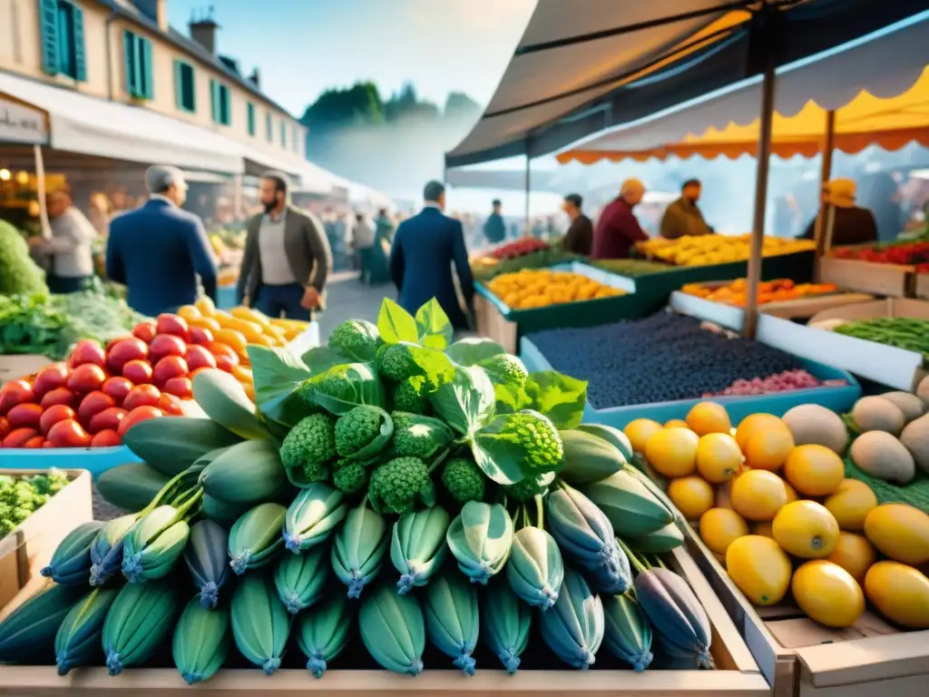 Un mercado francés vibrante con alimentos antioxidantes saludables como bayas, verduras y hierbas frescas