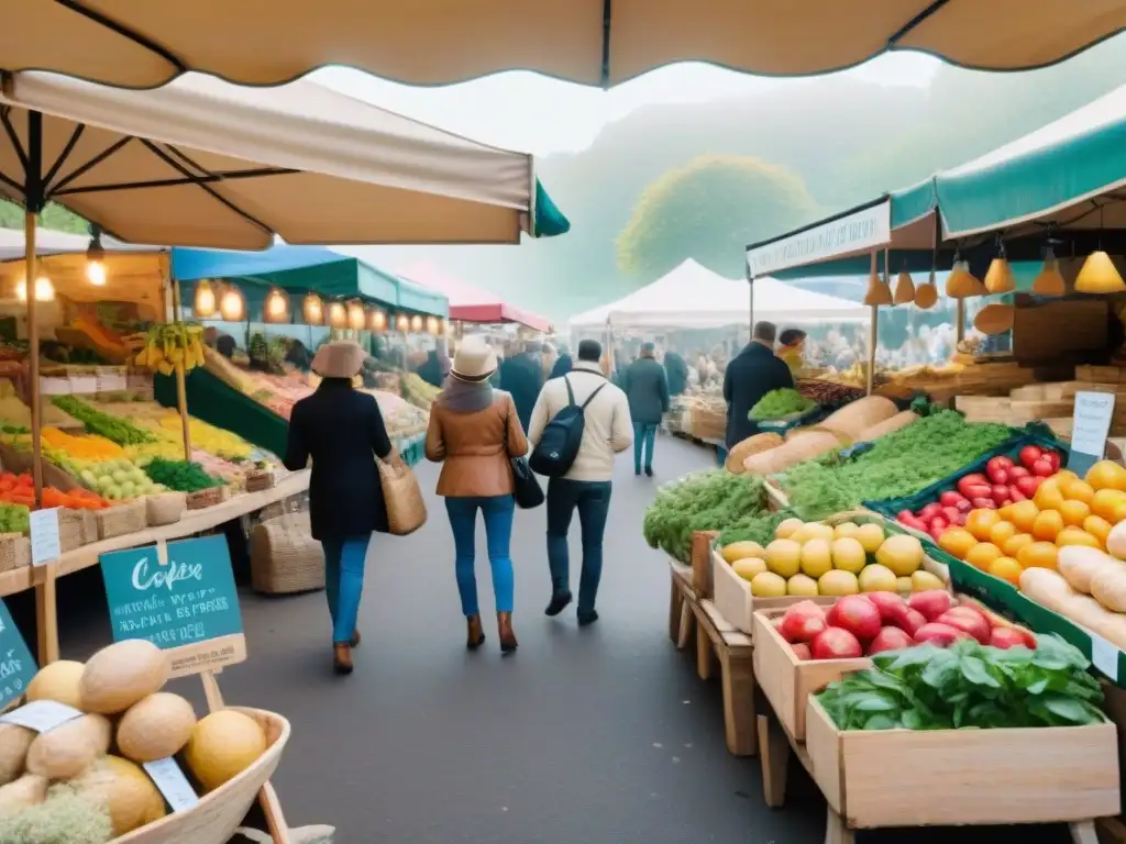 Un mercado francés vibrante y bullicioso con productos frescos y locales, promoviendo la permacultura en mercados franceses