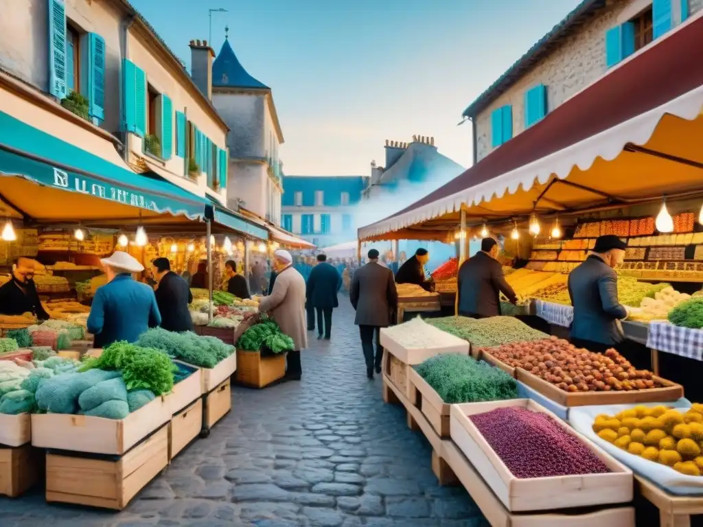 Un mercado francés vibrante con influencia de ingredientes árabes, mostrando una fusión gastronómica única