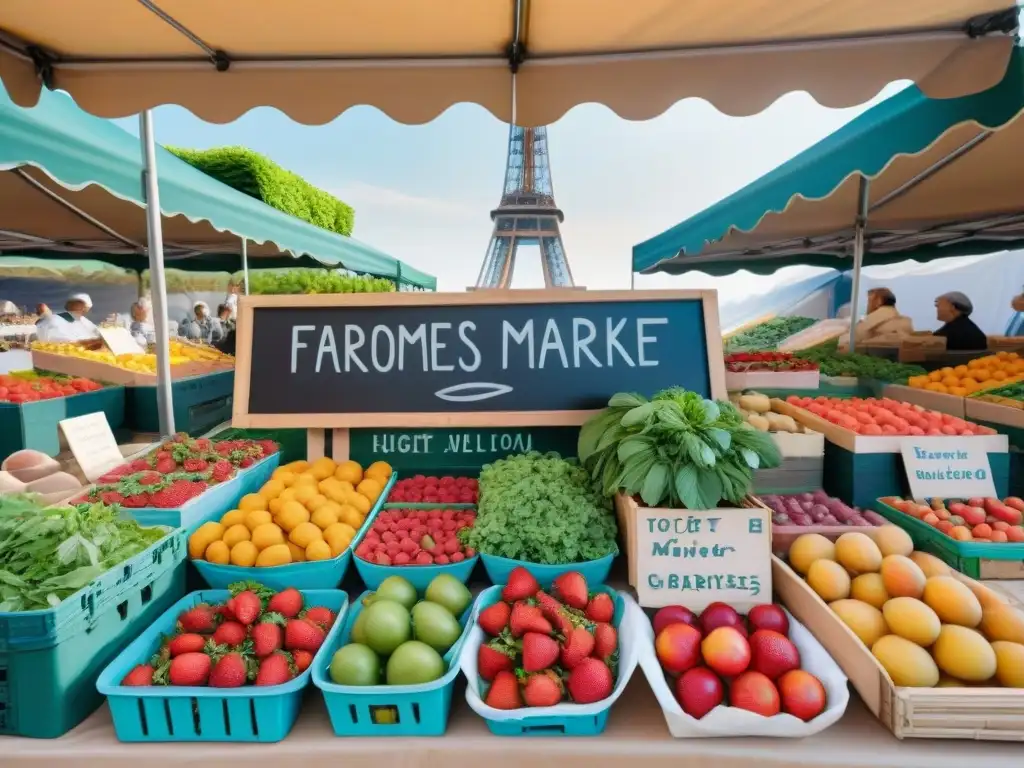 Un mercado francés vibrante y lleno de color con productos frescos, vendedores locales y la Torre Eiffel de fondo