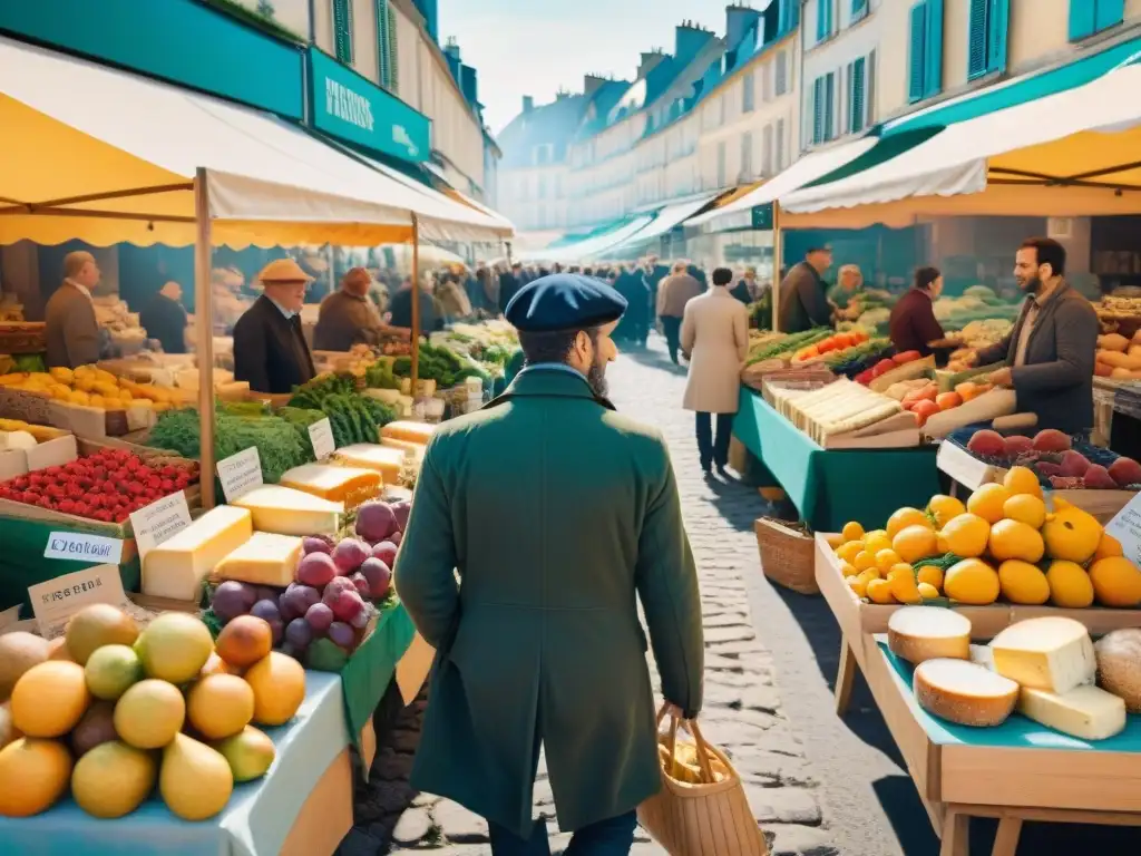 Un mercado francés vibrante con productos orgánicos y artesanales, transmitiendo la esencia de la gastronomía francesa sostenible en restaurantes chic