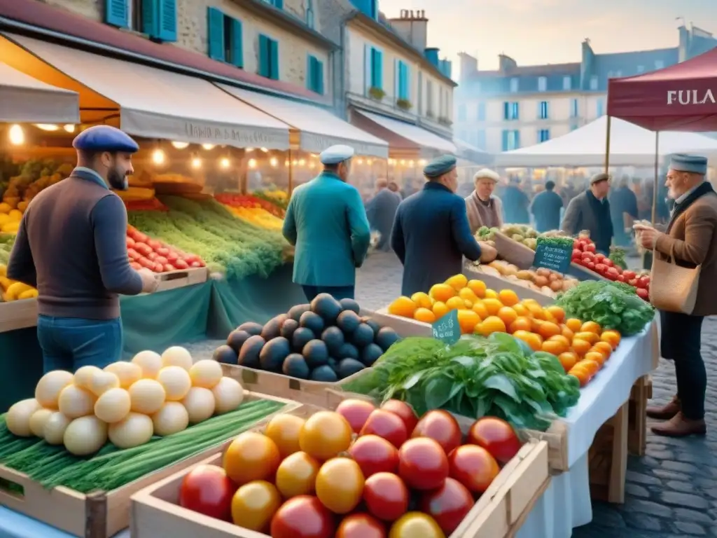 Un mercado francés vibrante con productos frescos - tomates, hierbas, baguettes y quesos