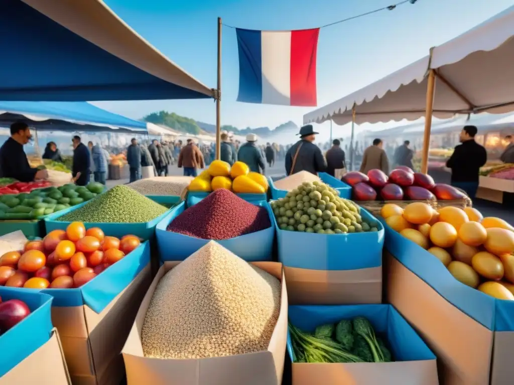 Un mercado francés vibrante con puestos rebosantes de productos coloridos, incluida quinua, bajo un cielo azul