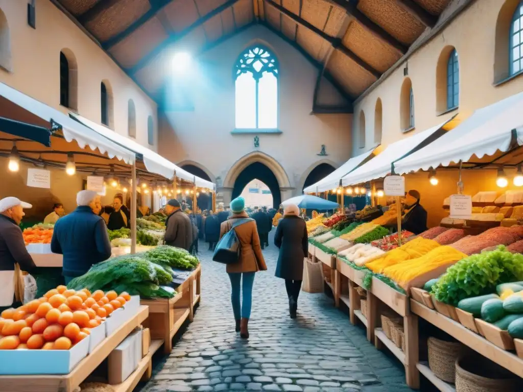 Un mercado francés vibrante y sostenible: puestos coloridos de productos frescos y artesanales en un encantador pueblo